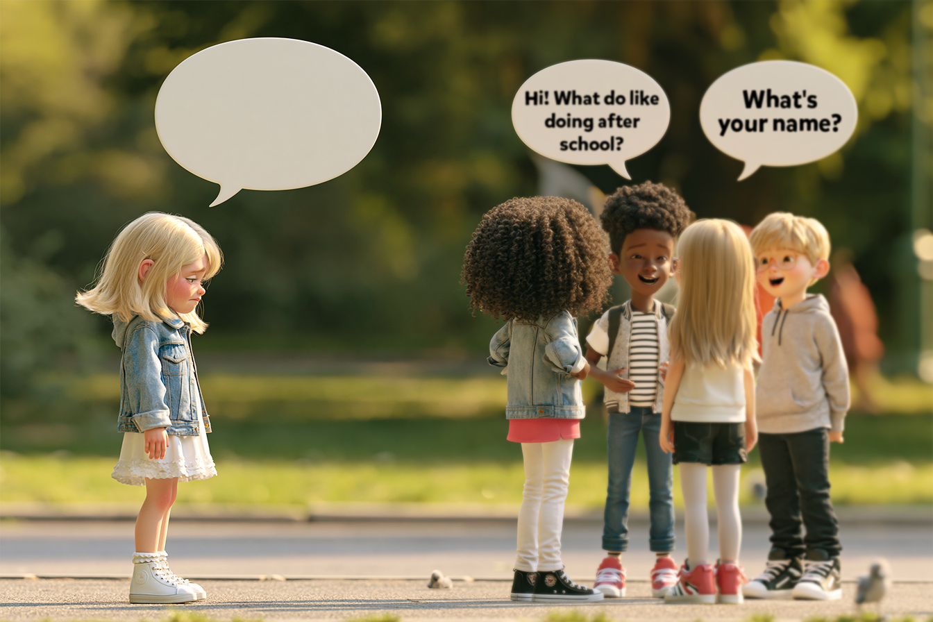Una bambina in un gruppo di coetanei, visibilmente in imbarazzo perché non riesce a iniziare un dialogo in inglese. sulle teste degli altri bambini vediamo fumetti pieni di frasi come Hi! What do like doing after school?, What's your name, mentre il suo fumetto è vuoto