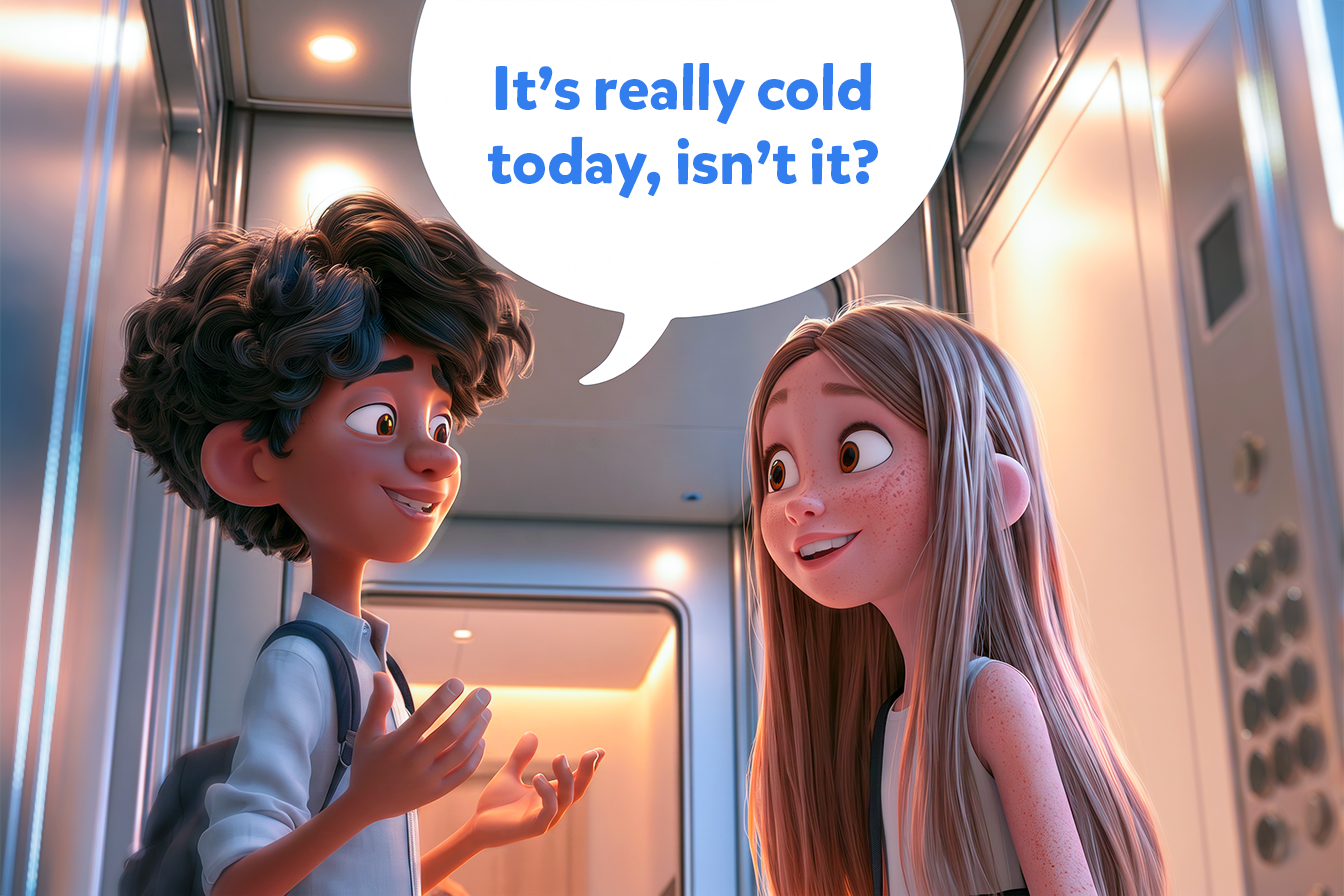 Un ragazzo e una ragazza in ascensore, il ragazzo vuole iniziare una conversazione in inglese e dice: It’s really cold today, isn’t it?