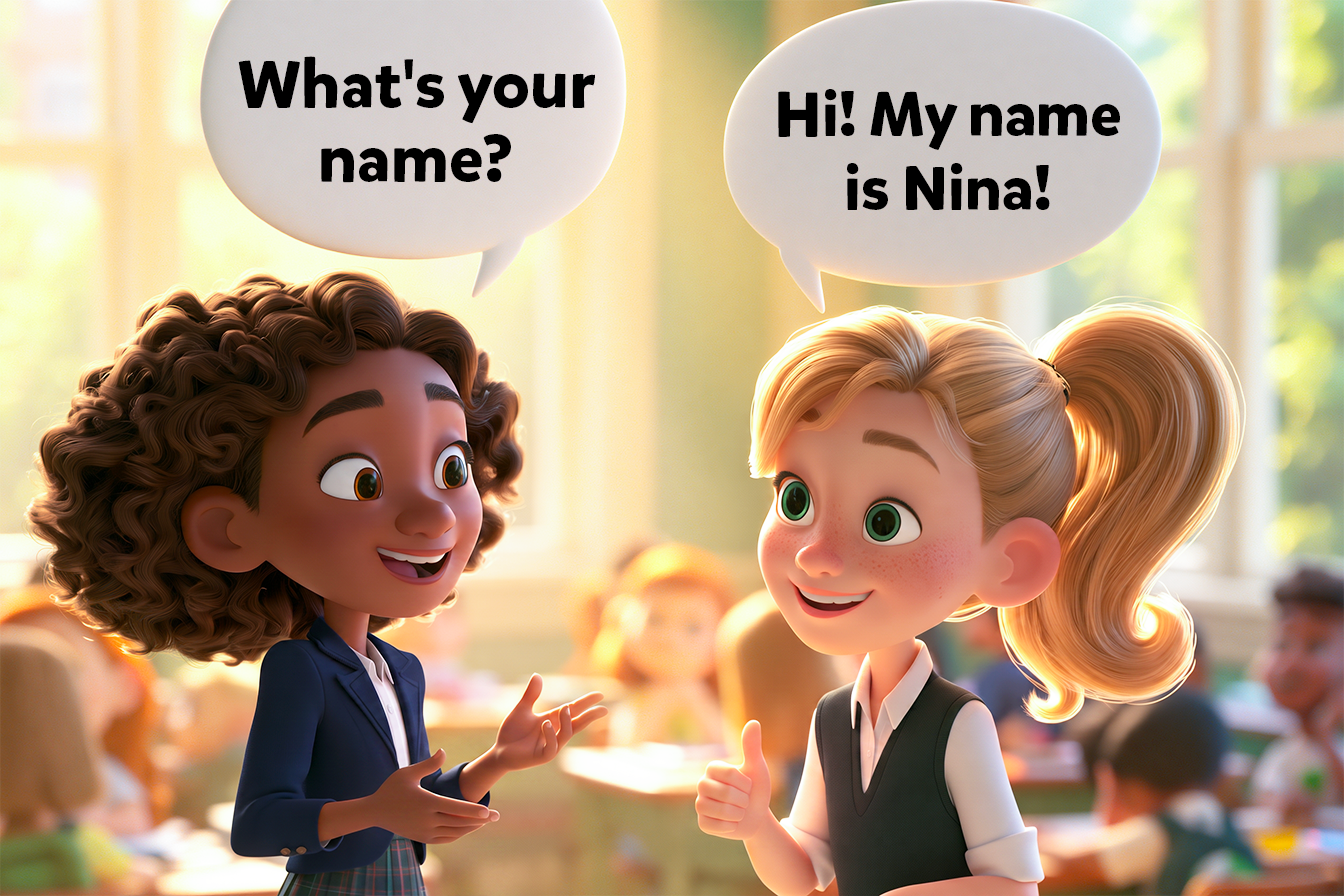 Due bambine di circa 10 anni in una classe si presentano: - What's your name? - Hi! My name is Nina!