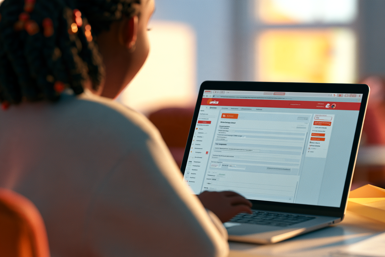 Una mamma sta consultando il portale Unica per fare l' iscrizione online di suo figlio alla scuola primaria