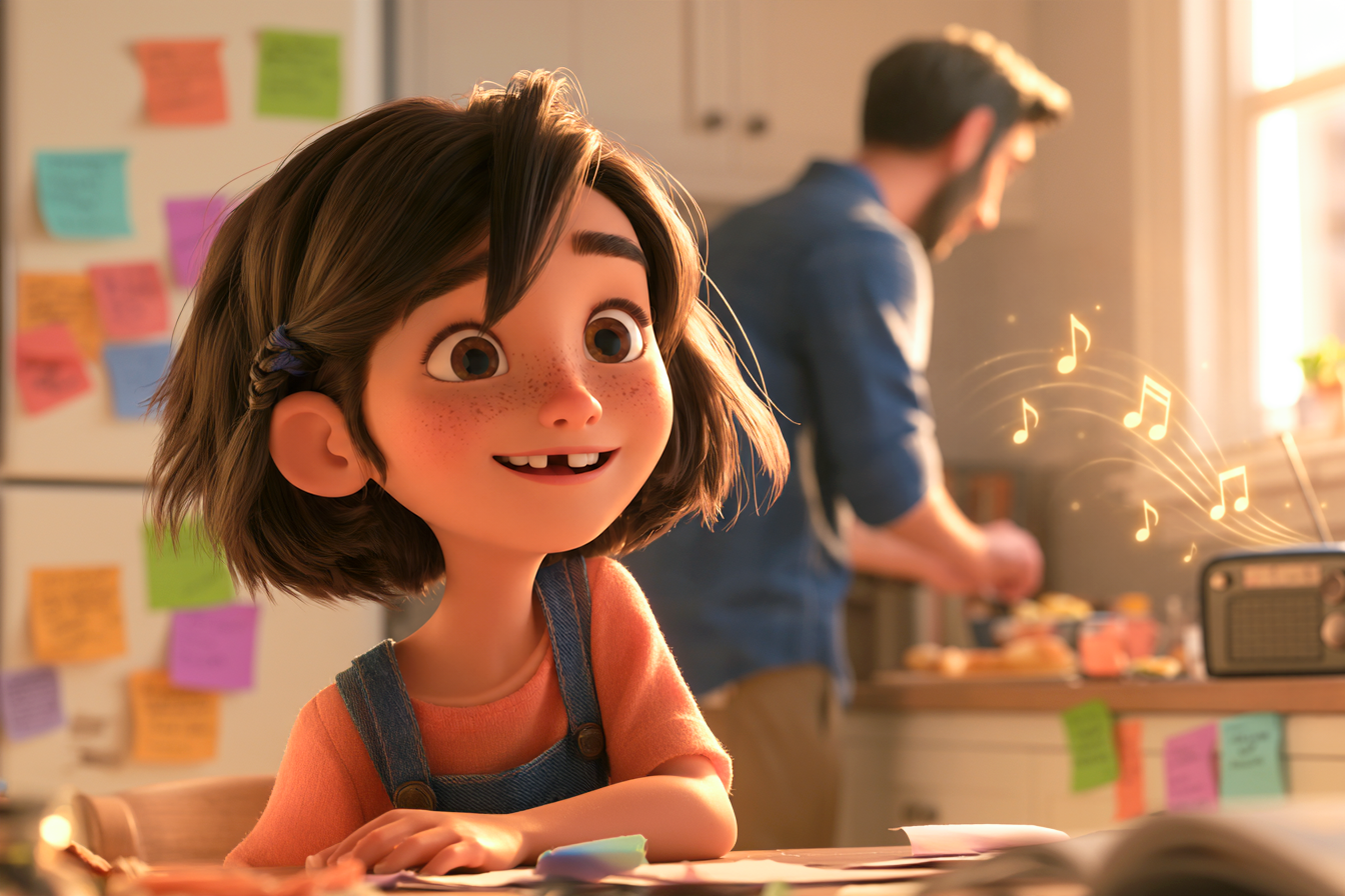 Una bambina è seduta al tavolo di cucina, il papà sta preparando la colazione. Vediamo post-it appesi sul frigo, il tavolo, la finestra, mentre una radio diffonde una canzone in inglese. Esempio di ambiente immersivo a casa, un modo per studiare l'inglese da soli e rafforzare quanto si impara ai corsi di inglese