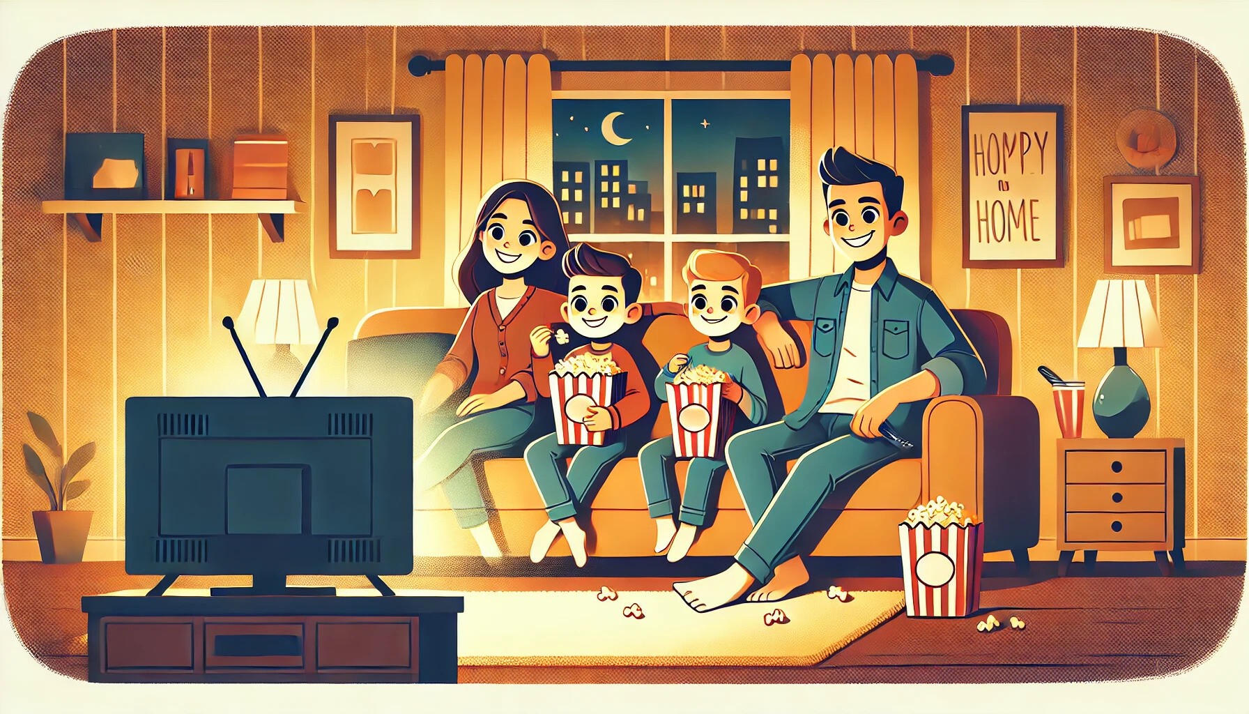 Rodzina ogląda film - ilustracja