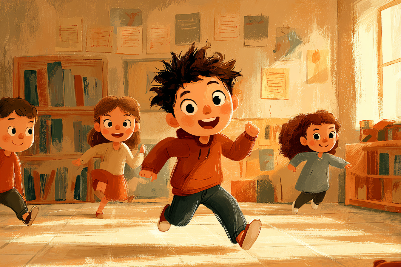 child learning English by playing movement game in classroom