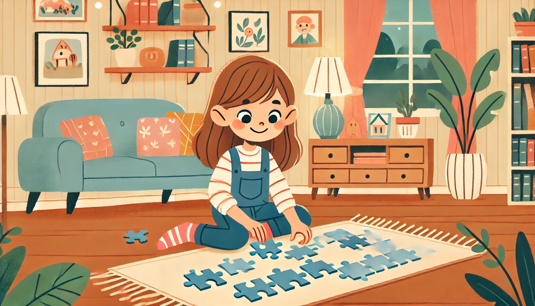 Dziewczynka układa puzzle - ilustracja