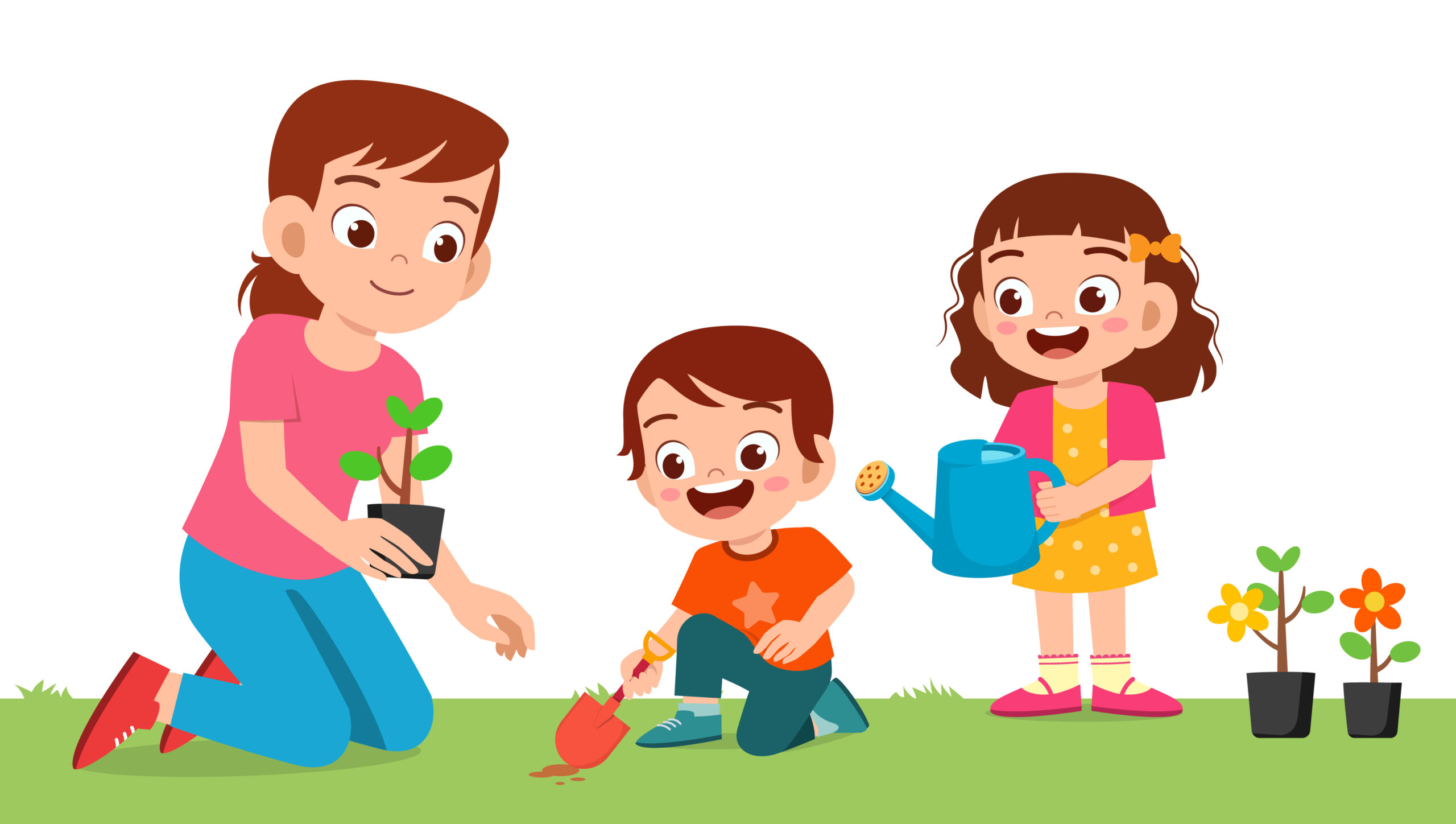 Mama z dziećmi sadzi rośliny - ilustracja