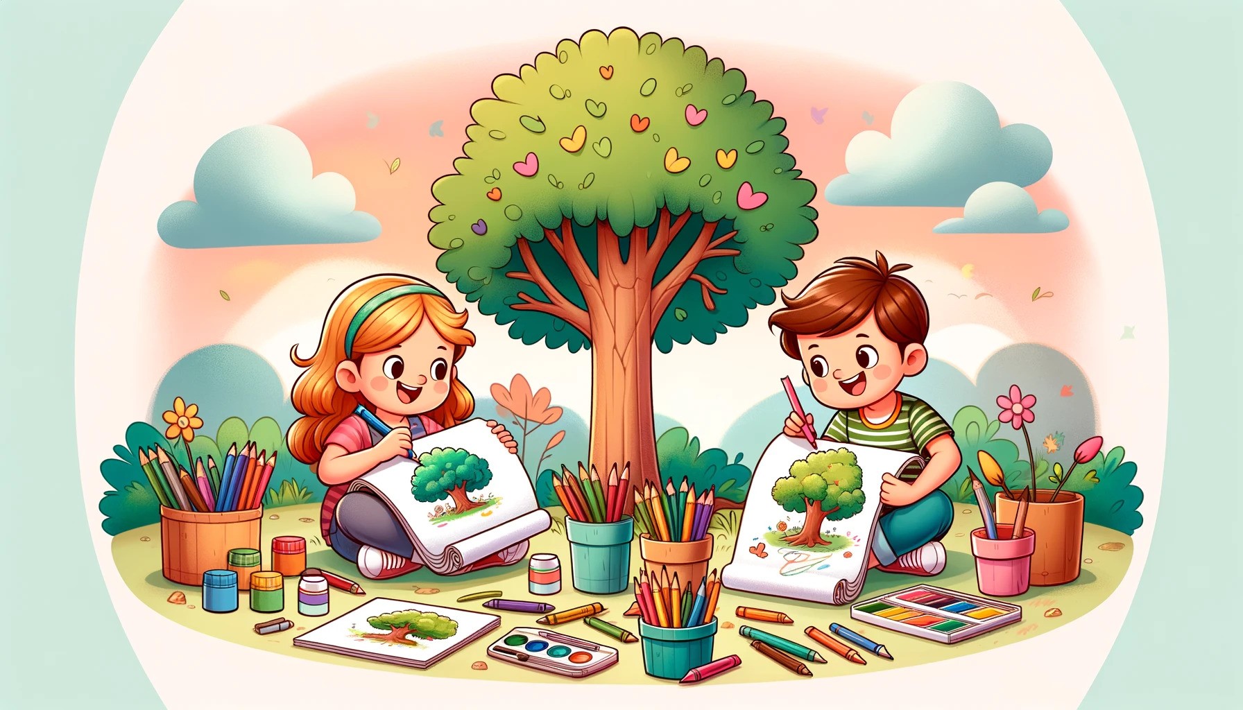 Dzieci rysują drzewa - ilustracja