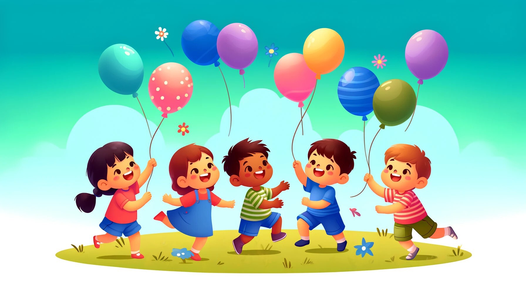 Dzieci bawią się balonami - ilustracja