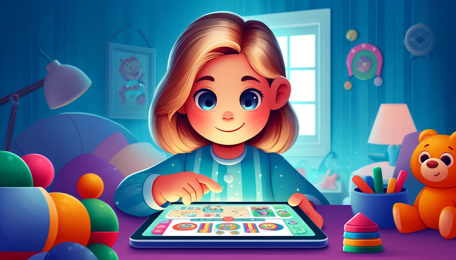 Dziewczynka gra na tablecie - ilustracja