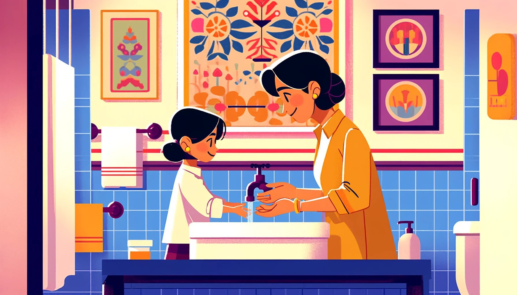 Mama uczy córkę myć ręce - ilustracja