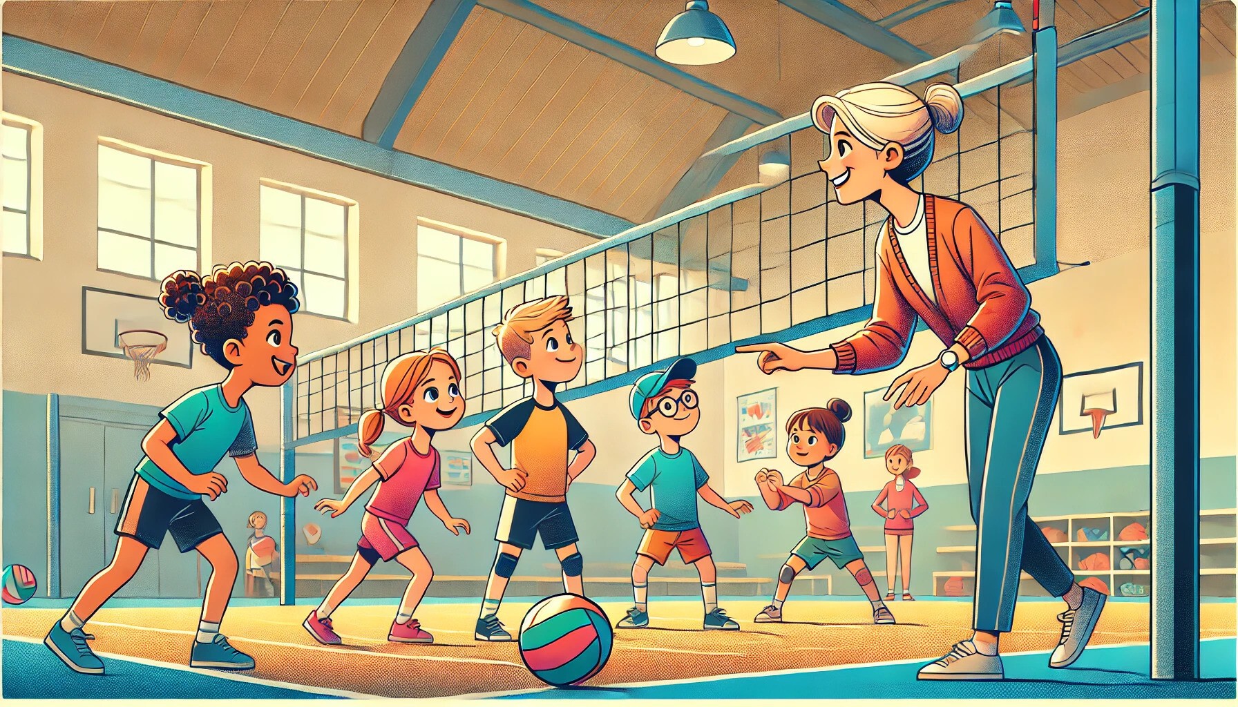 Dzieci grają w siatkówkę - ilustracja