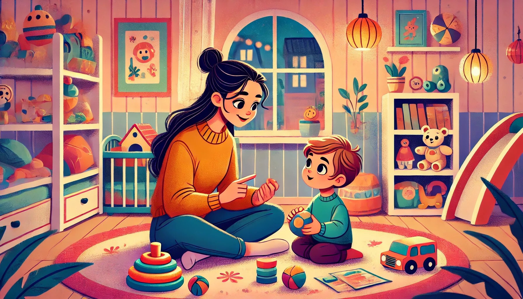 Mama uczy dziecko samodzielnej zabawy - ilustracja