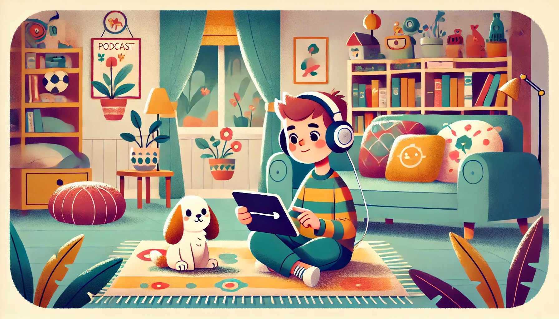 Chłopiec słucha podcastów - ilustracja