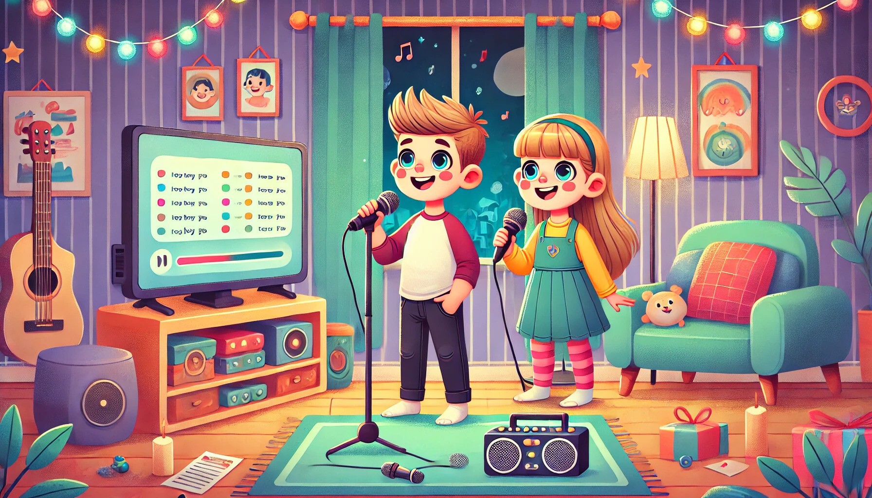 Dzieci robią karaoke - ilustracja