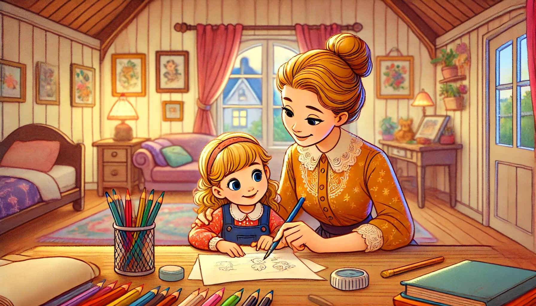 Mama uczy dziecko pisać - ilustracja