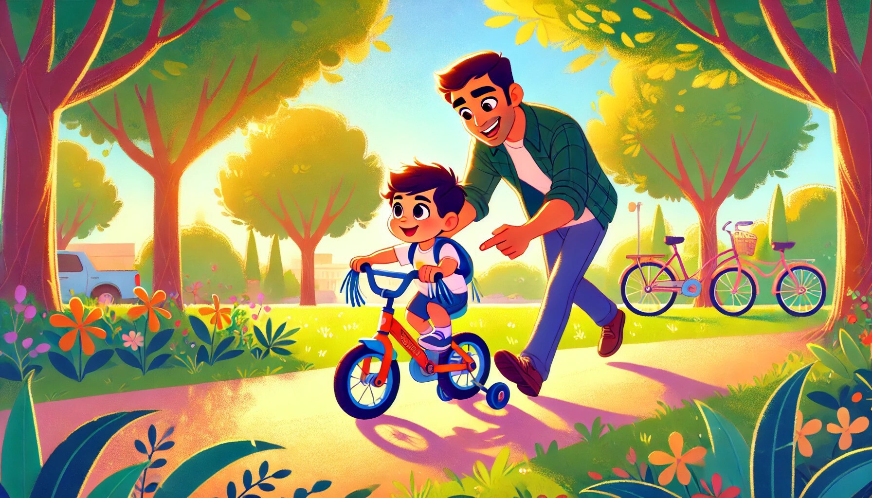 Tata uczy jeździć dziecko na rowerze - ilustracja