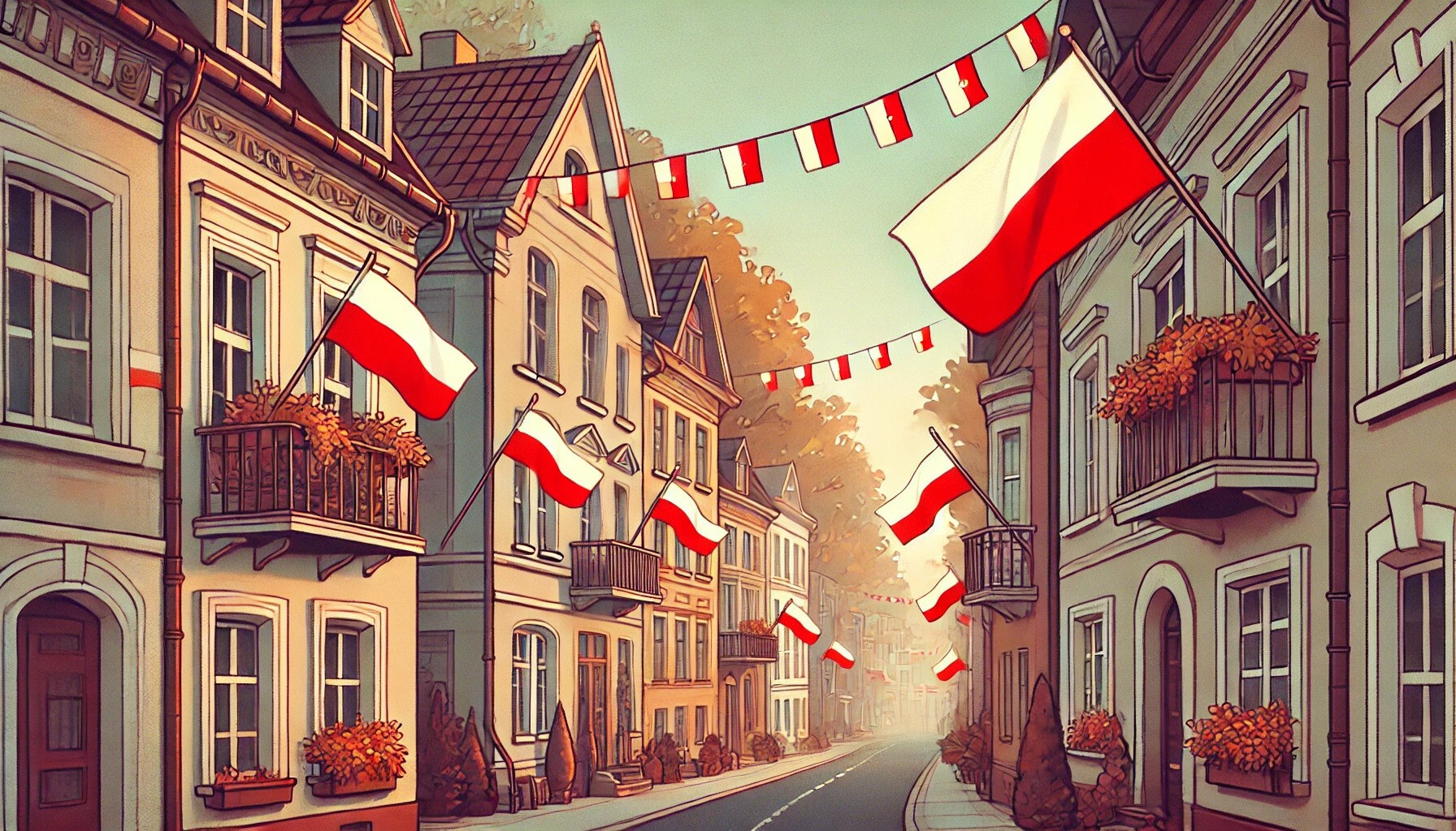 Domy ustrojone Polską flagą - ilustracja