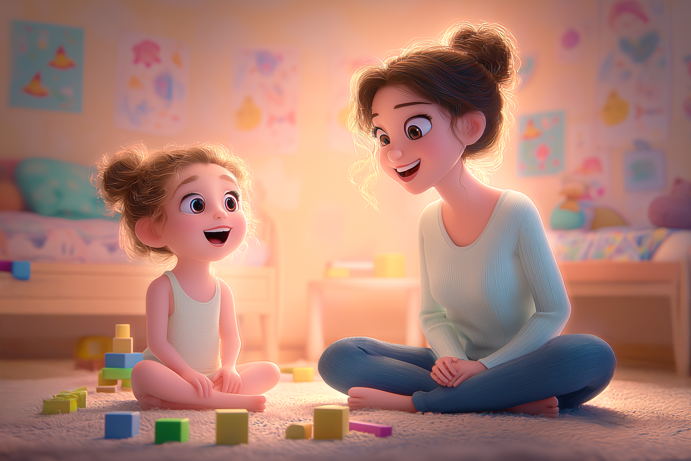 Mama rozmawia z córką siedząc na podłodze - ilustracja