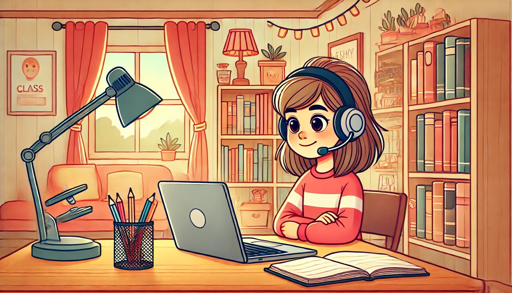Dziewczynka ma zajęcia online - ilustracja