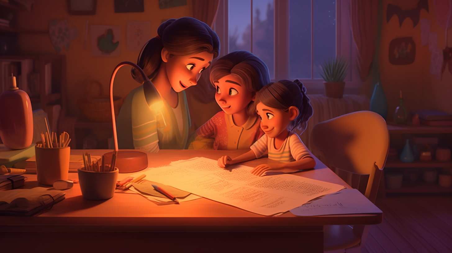 Mama rozwiązuje z dziećmi zadania - ilustracja