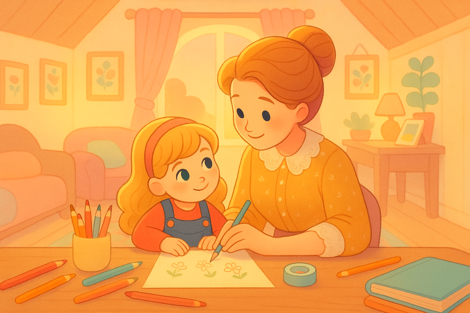 Mama uczy dziecko pisać - ilustracja