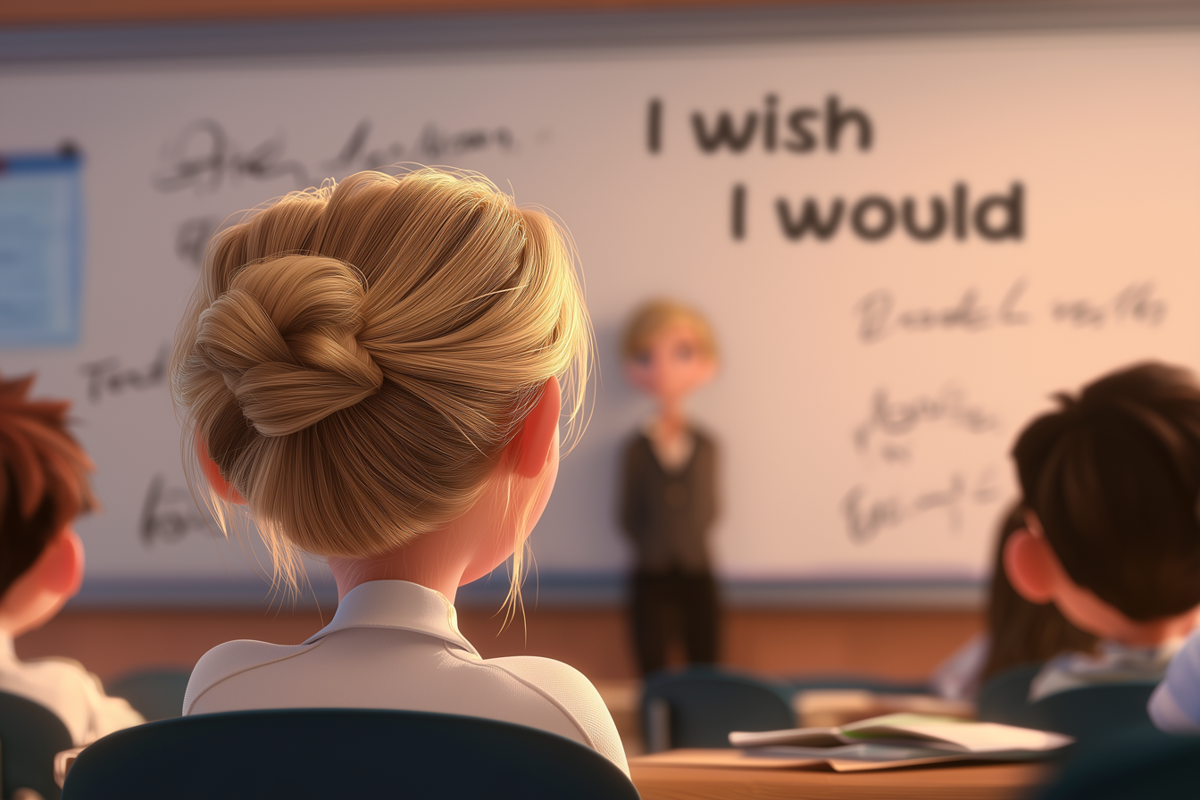 dziecko słuchające nauczyciela tłumaczącego konstrukcje i wish i would przy tablicy