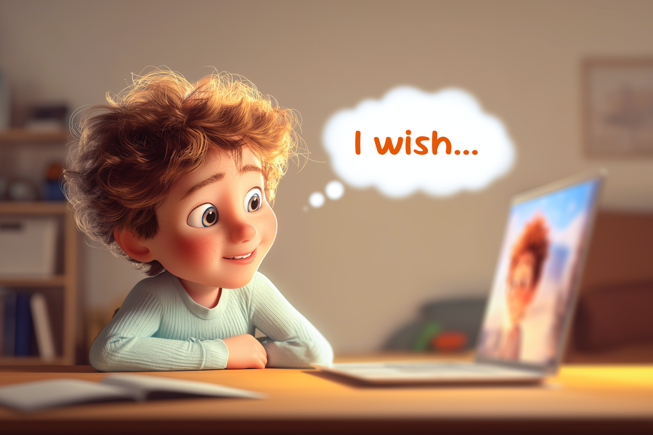 uśmiechnięte dziecko podczas lekcji angielskiego online ćwiczące zdania z i wish i i would