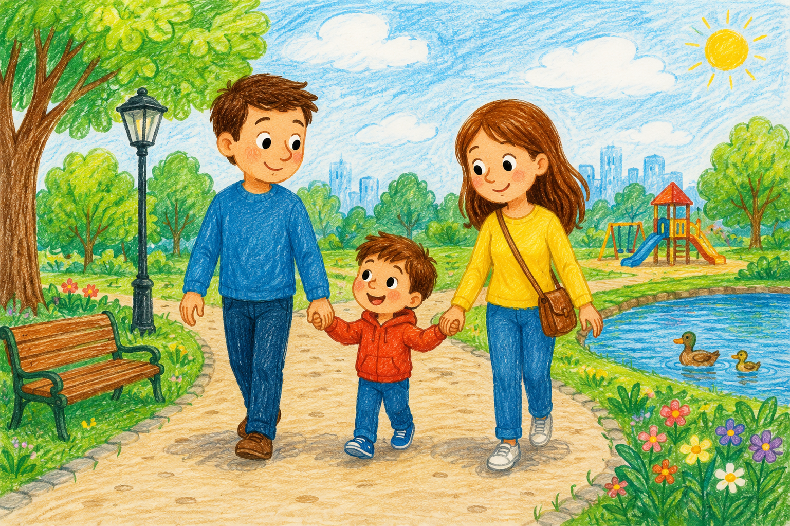 Mama, tata și copilul se plimbă prin parc