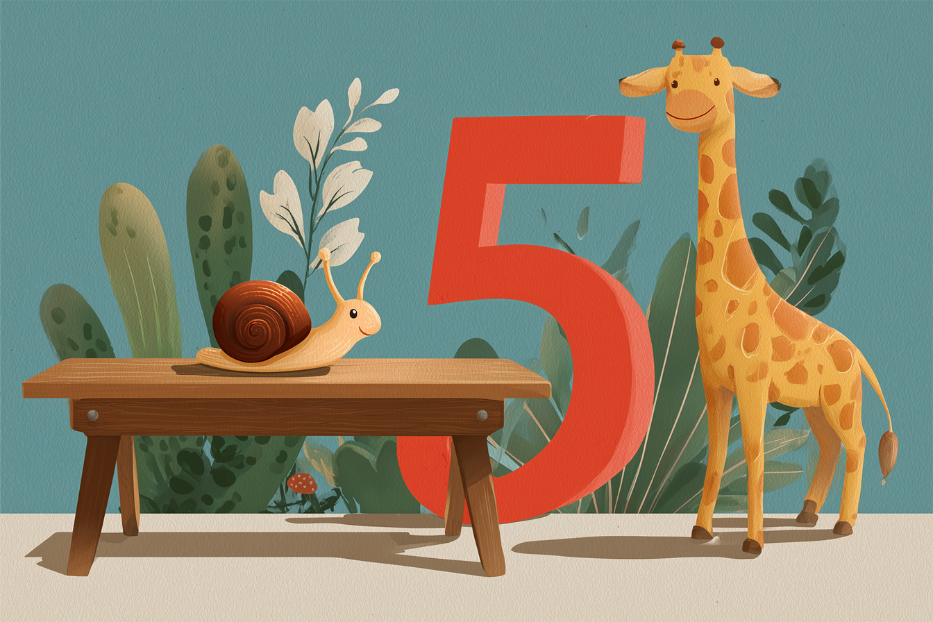 Cifra 5, o masă, un melc și o girafă.
