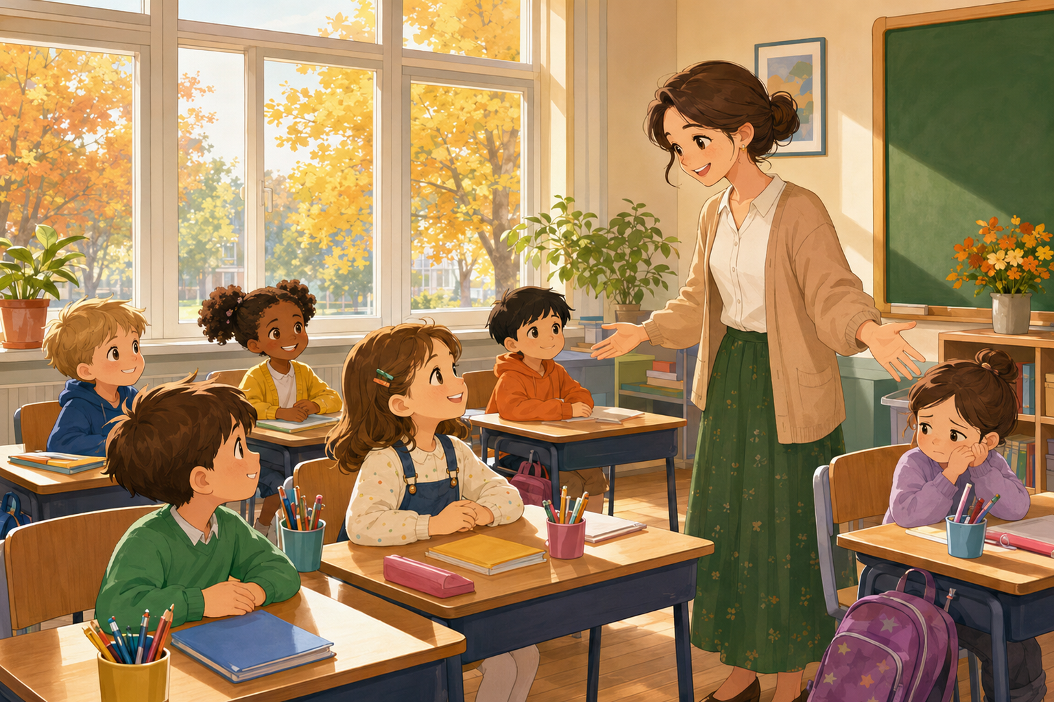 Elevii și profesoara în clasă, în prima zi de școală