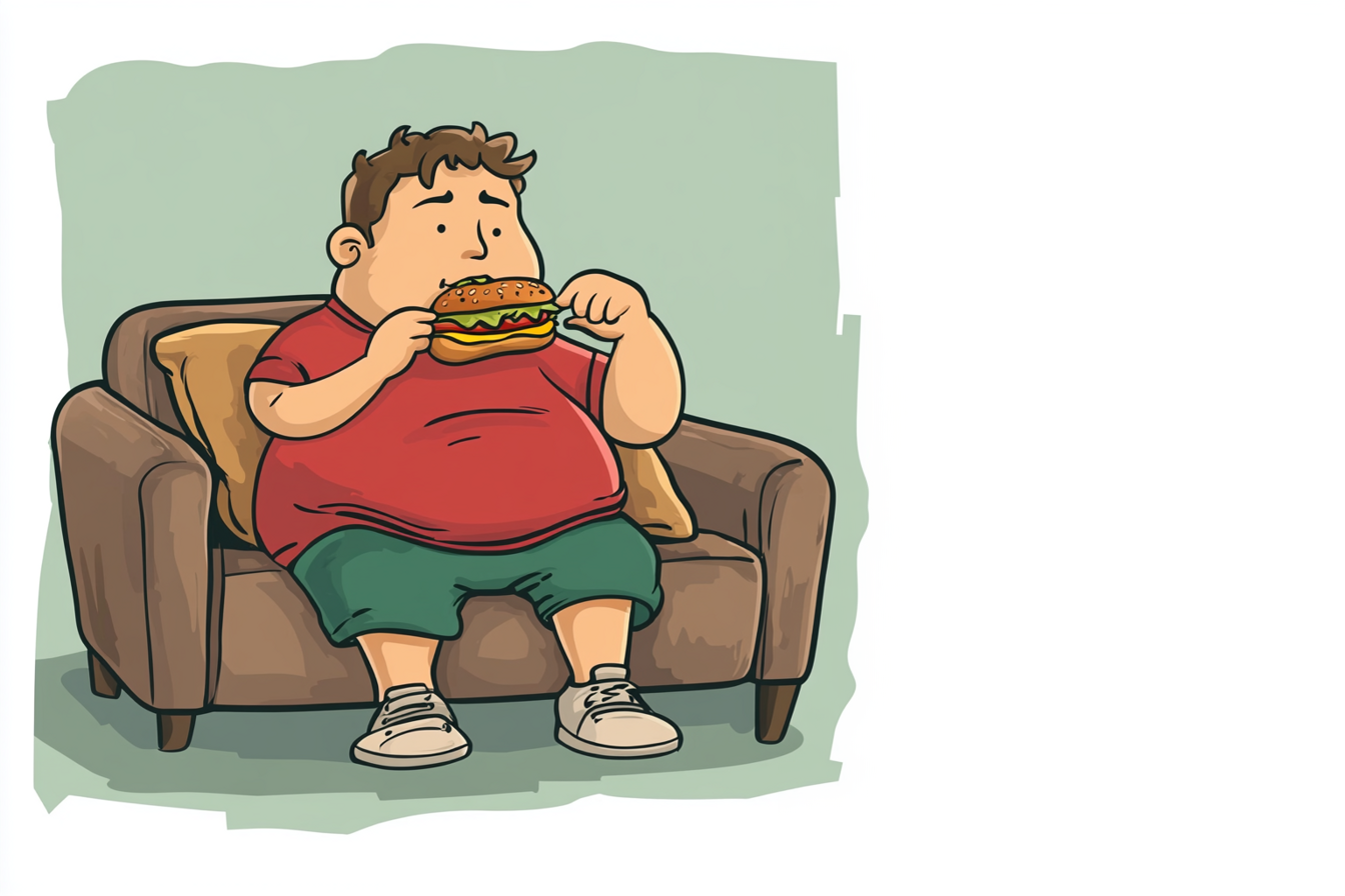 Copil obez mănâncă cu burger pe canapea