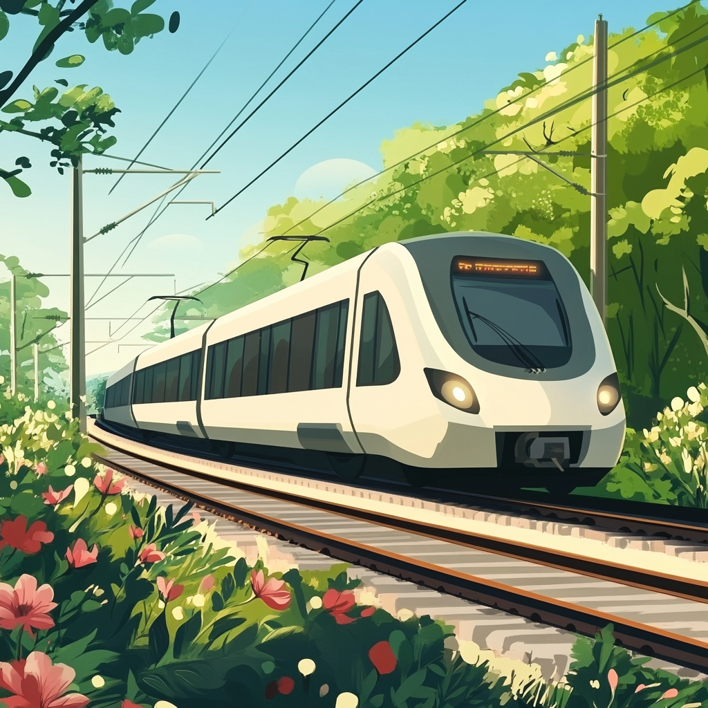 Tren modern pe calea ferată.
