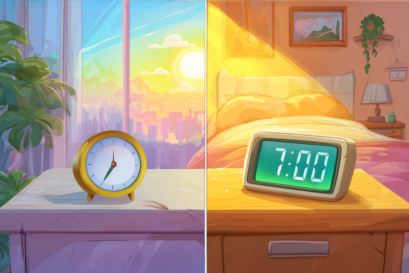 Ceas analog și digital ilustrând 7:00 AM și 7:00 PM