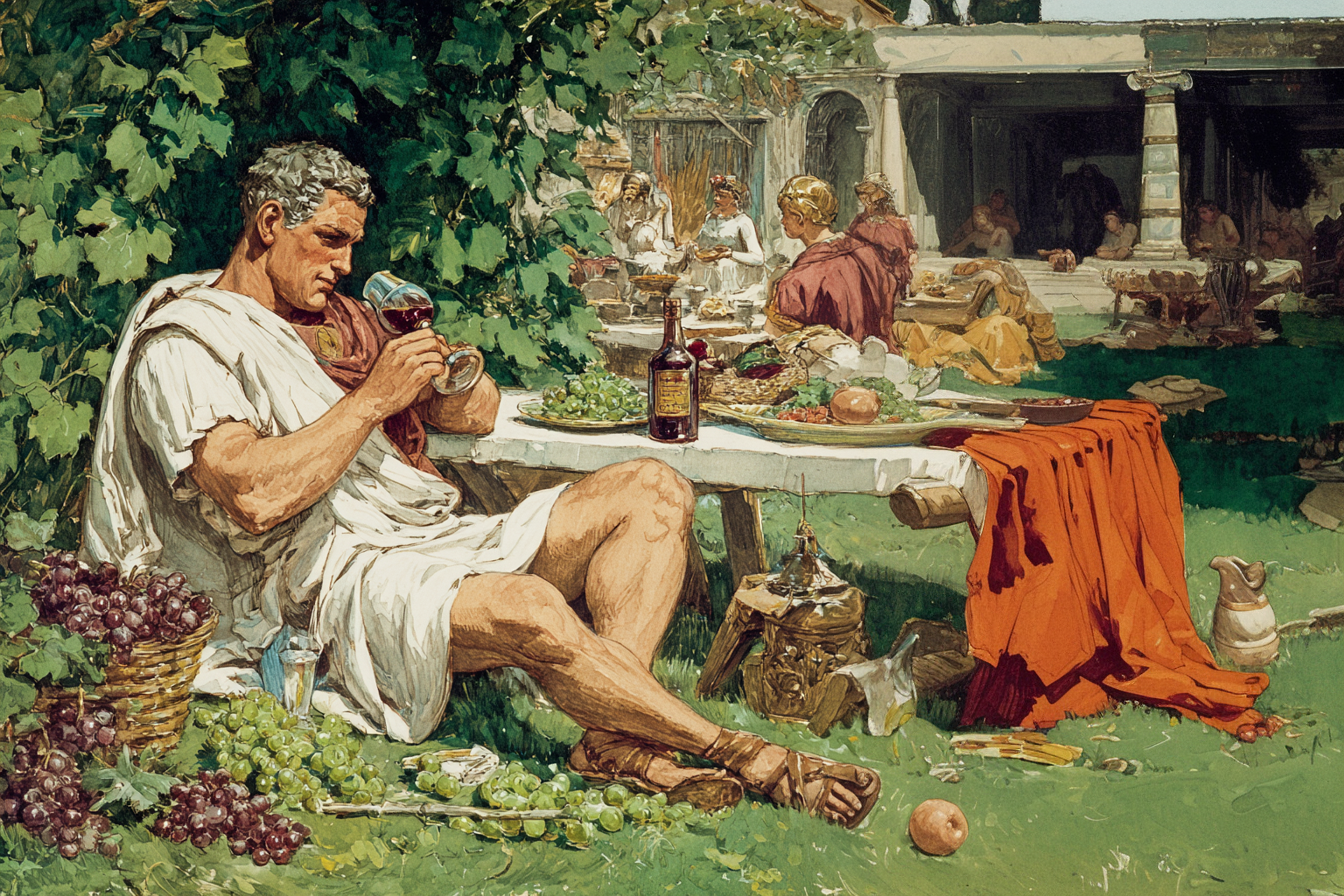 Roman mănâncă struguri și bea vin
