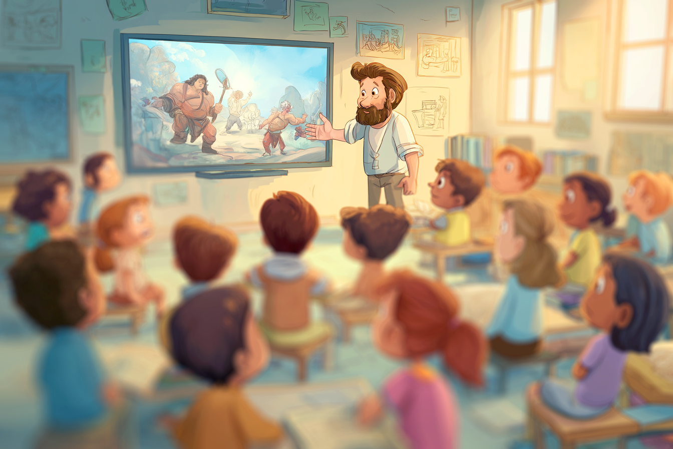 Desen colorat cu David învingându-l pe Goliat în fața unei clase de copii