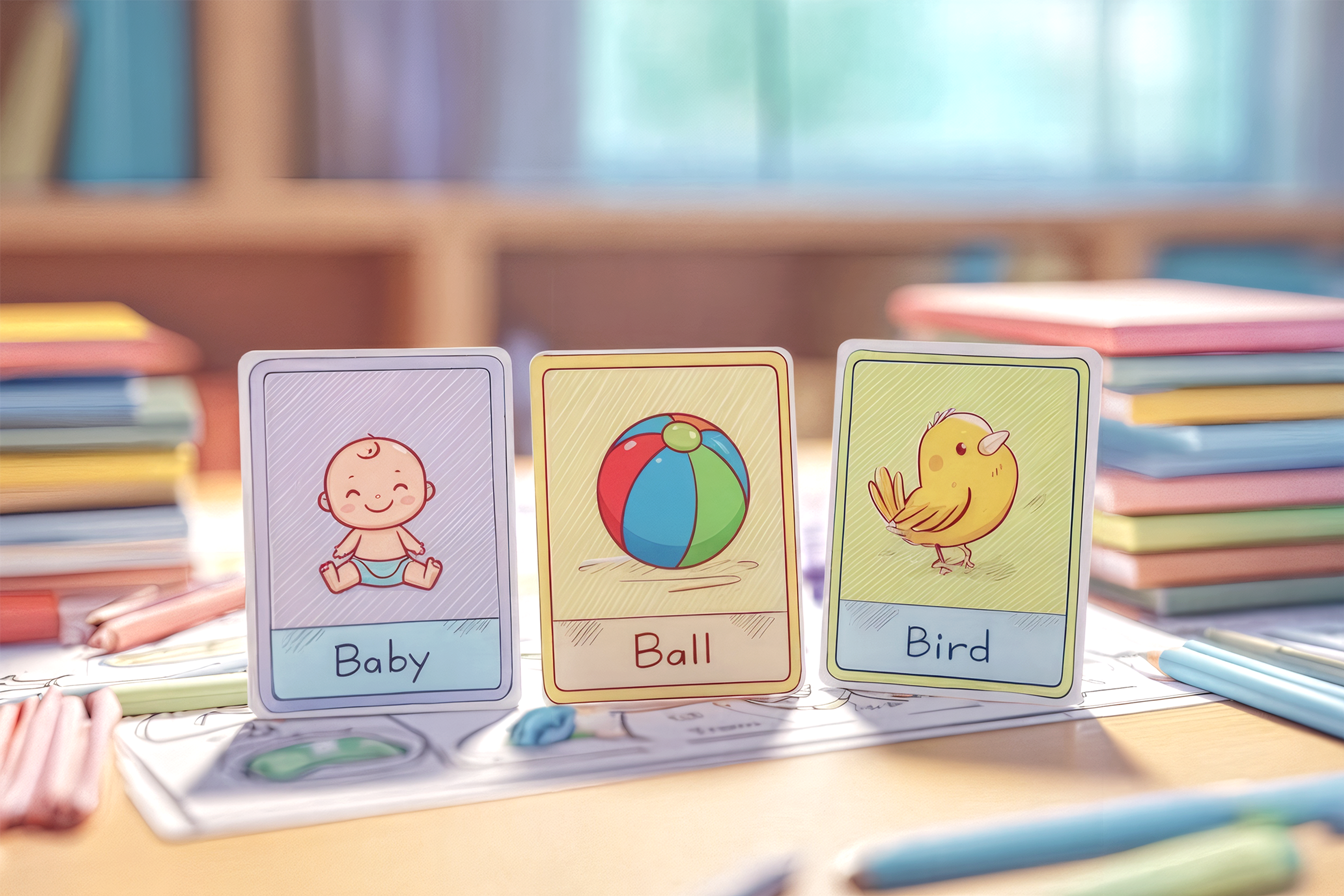 Cartonașe cu baby, ball, bird pe o masă de clasă - vocabular cu B pentru copii.