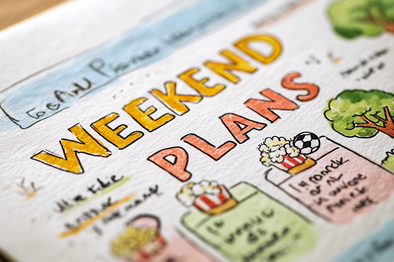 „Poster cu planuri de weekend scrise în engleză, nivel A1–A2.”