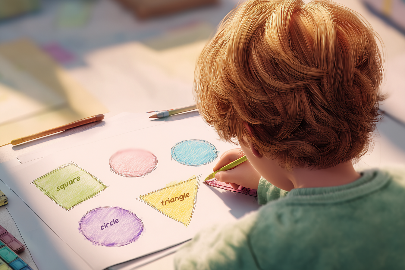 Copil colorând forme: circle, square, triangle - geometrie cu vocabular englez