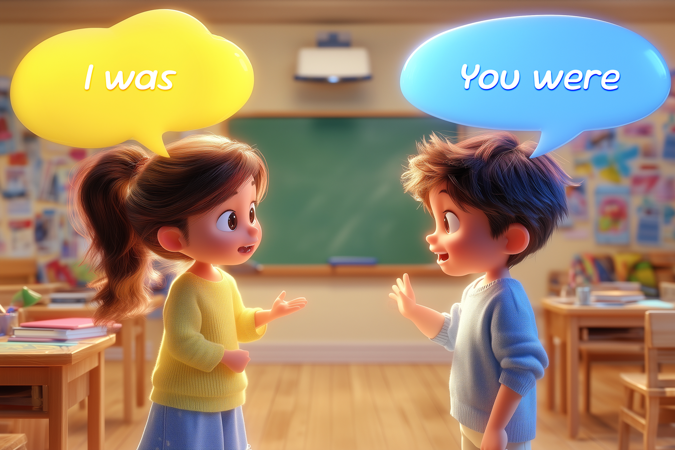 Copii jucând o scenetă ‘I was / You were’ - practică de trecutul verbului to be