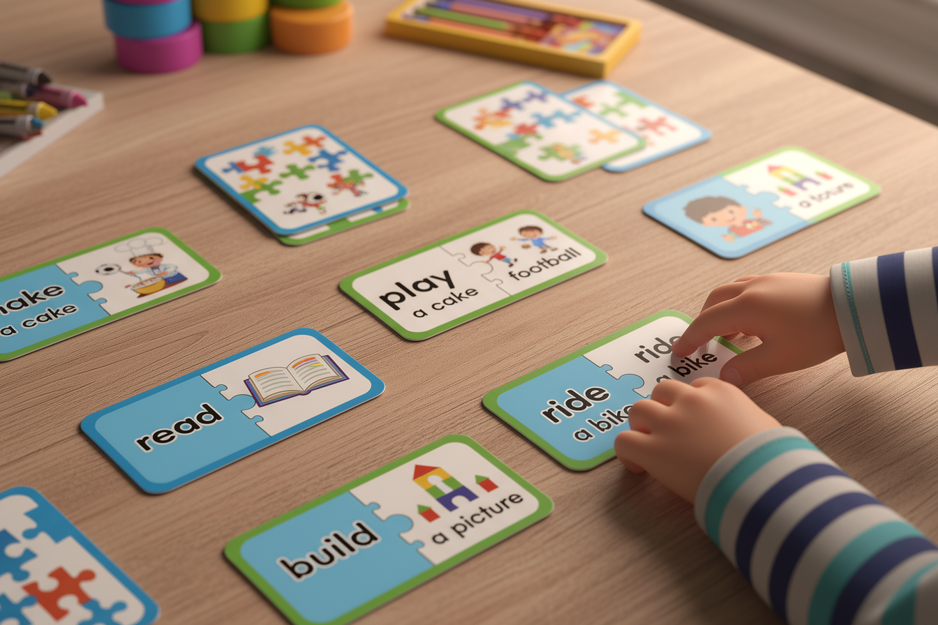 collocation flashcards pentru copii - potrivire verb - substantiv