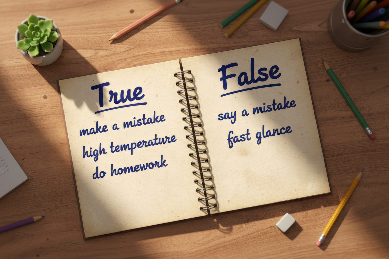 Caiet cu două coloane Corect și Greșit, cu exemple de collocations scrise de mână