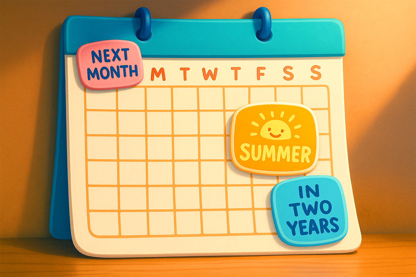 calendar colorat cu stickere „next month”, „summer”, „in two years”