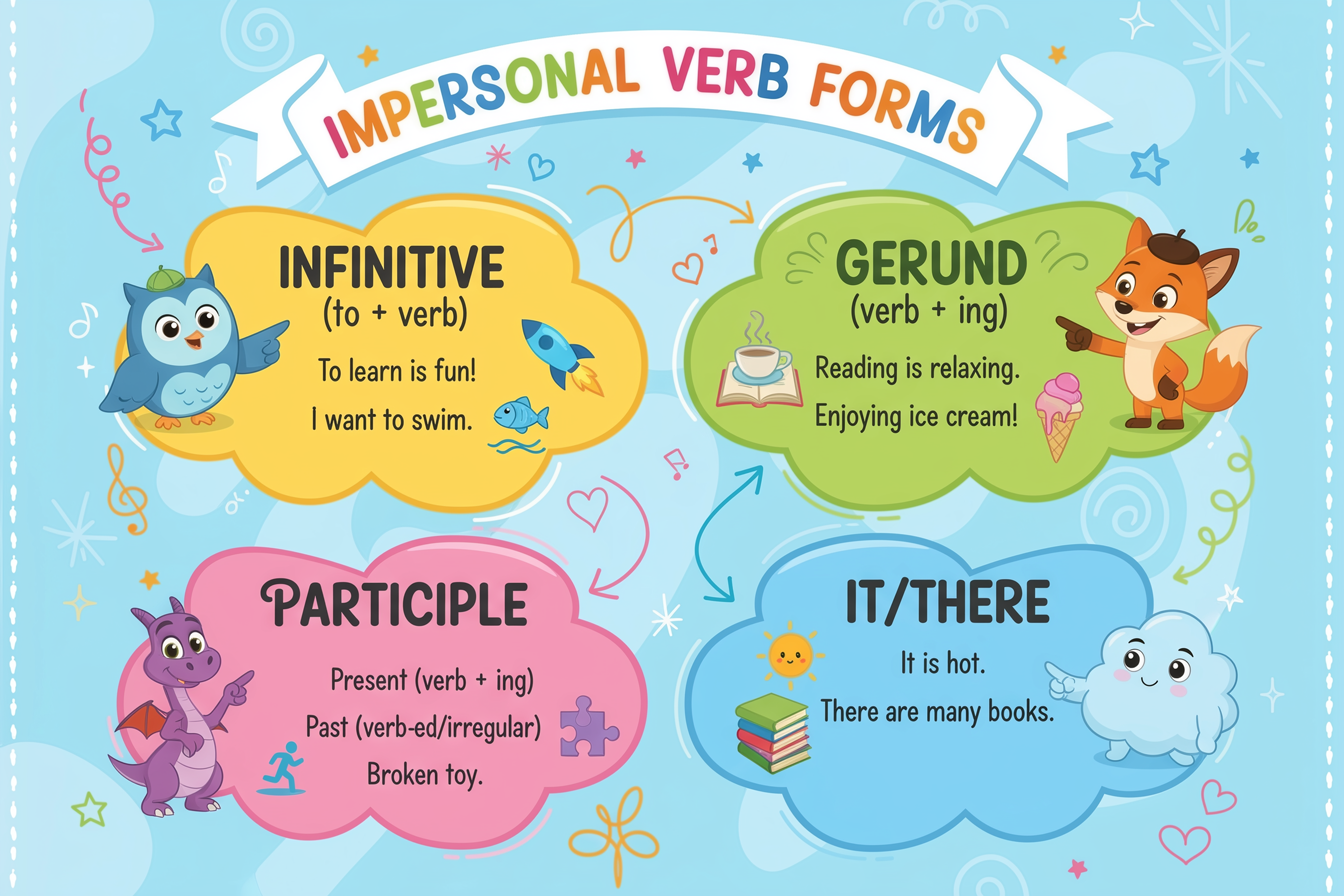„Forme impersonale ale verbului - infografic prietenos pentru copii (infinitiv to + verb, gerunziu verb -ing, participiu, it/there)”