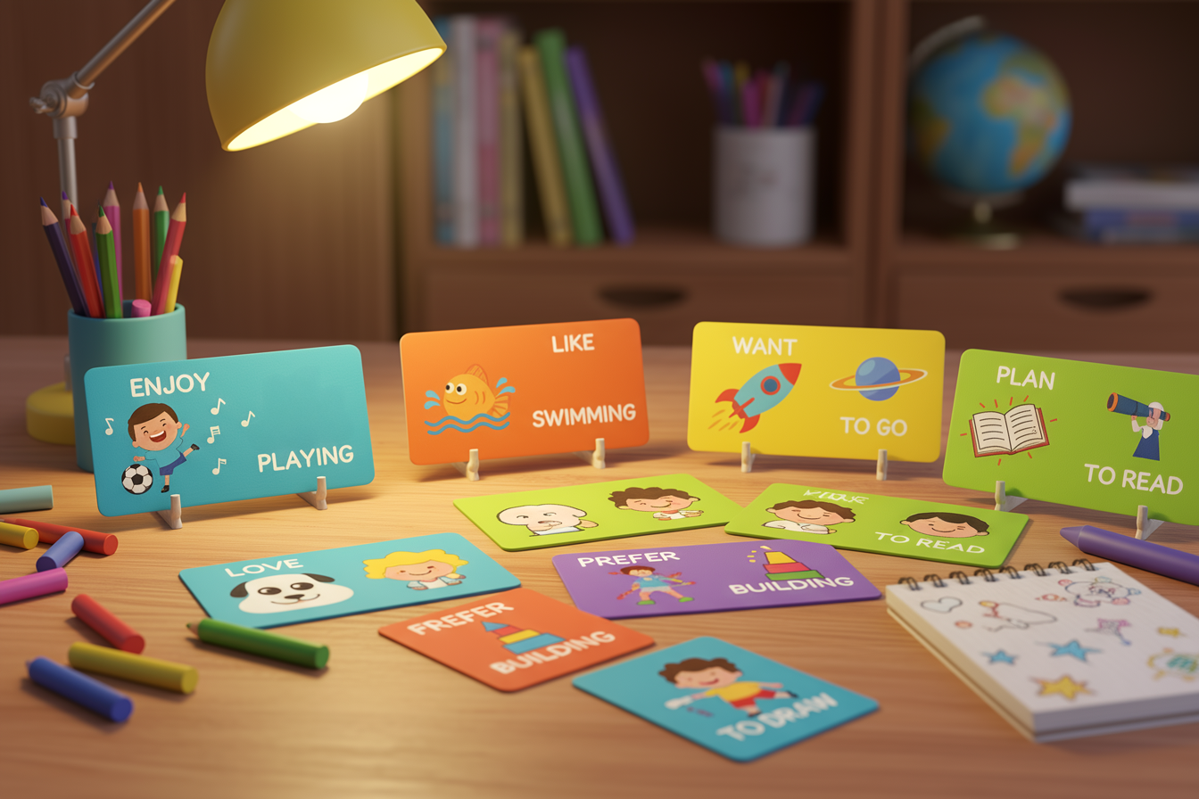 gerunziu vs infinitiv flashcards pentru copii - set simplu de potrivire