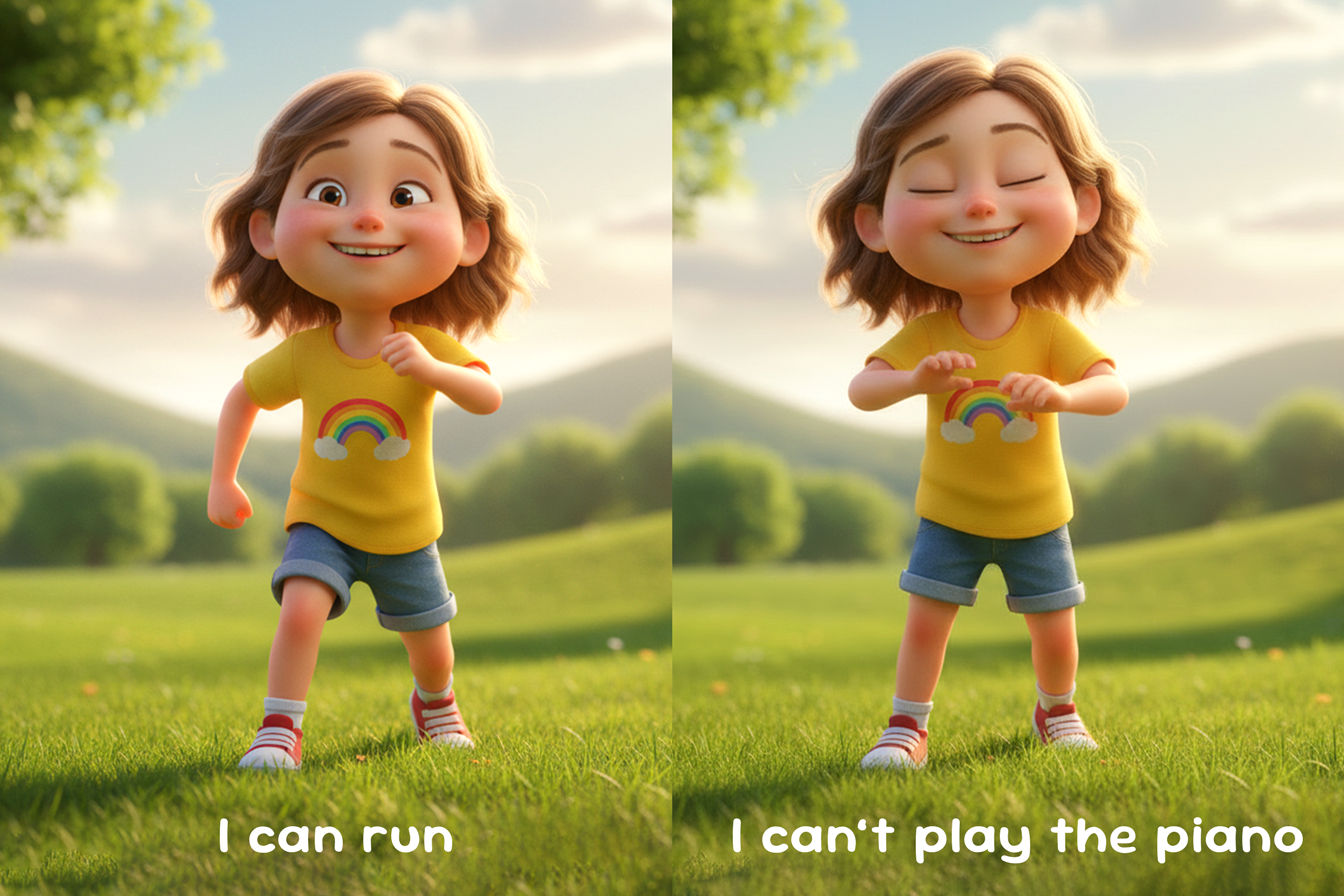 copil care mimează „I can run” / „I can’t play the piano”