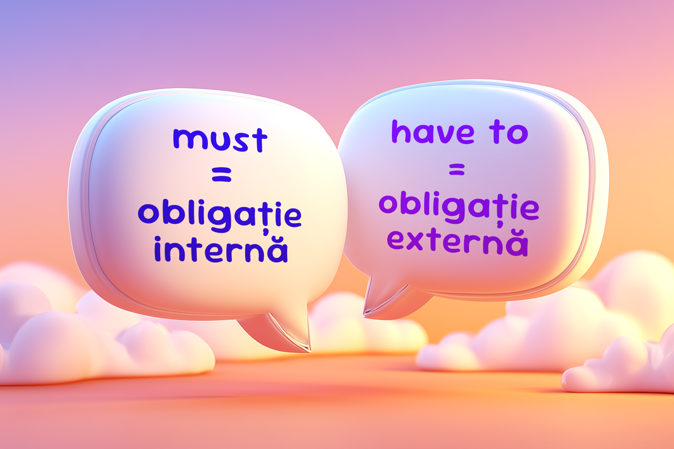 două baloane de dialog - „must = obligație internă” și „have to = obligație externă”