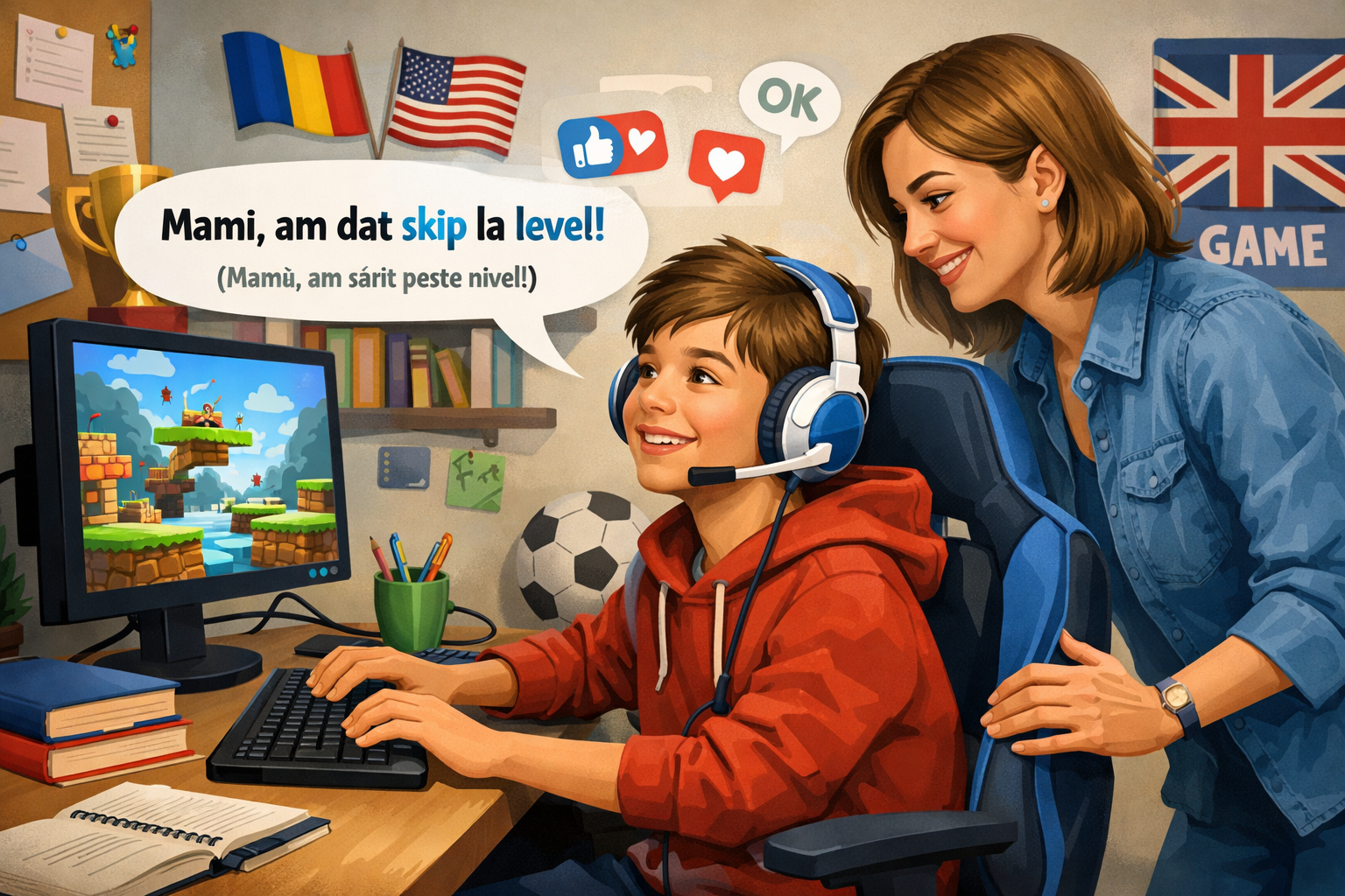 Mama și copilul vorbind romgleză la calculator.