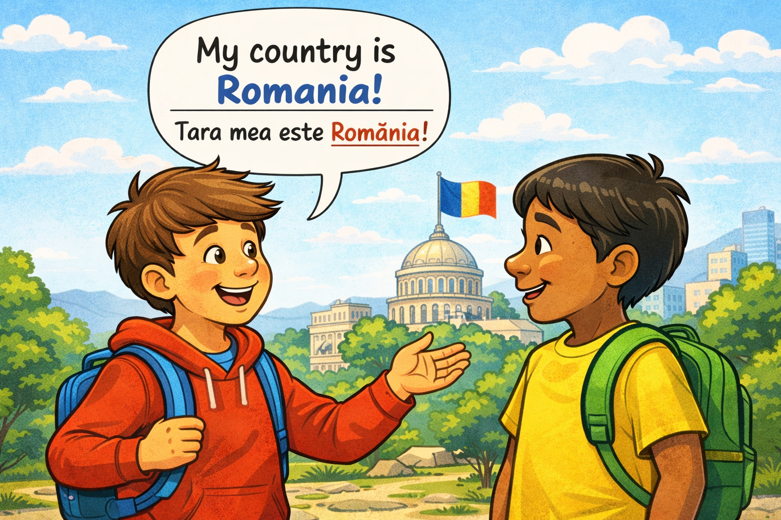 Un copil spune că țara lui e România.