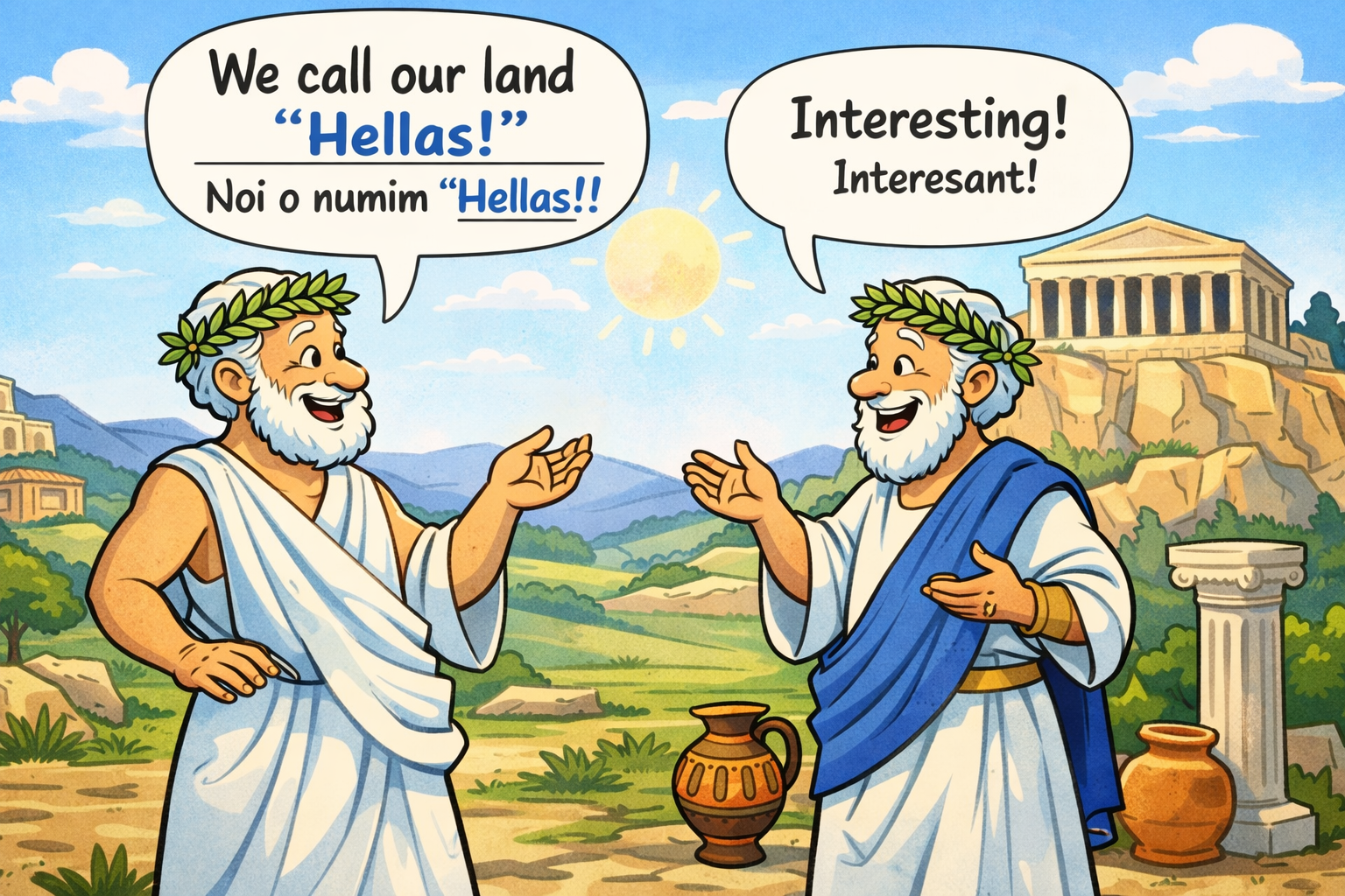 Un grec spune că țara lui e Hellas.