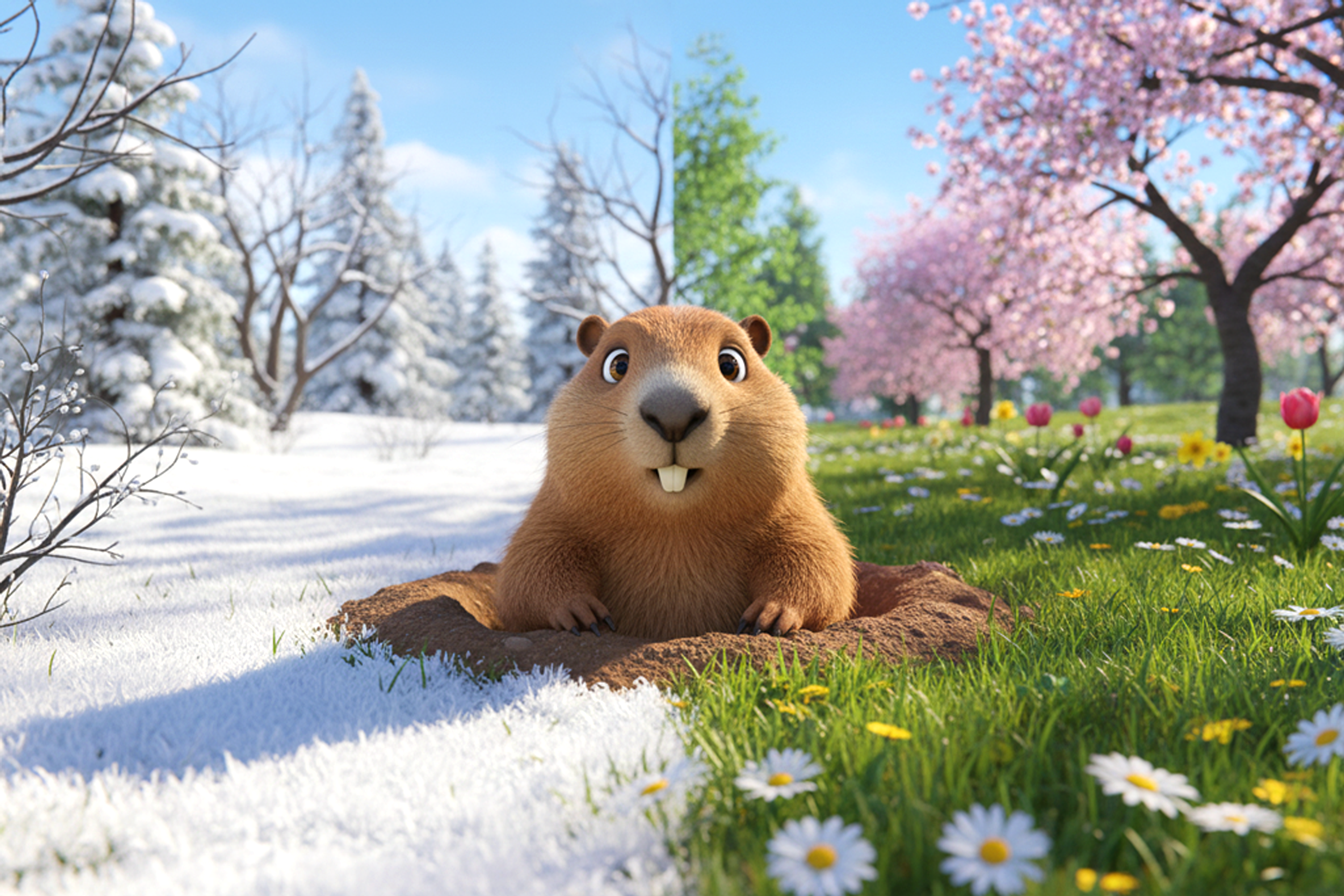 Marmotă care iese din vizuină pe un fundal împărțit în două: o jumătate iarnă o jumătate primăvară, cu umbra marmotei pe partea de iarnă