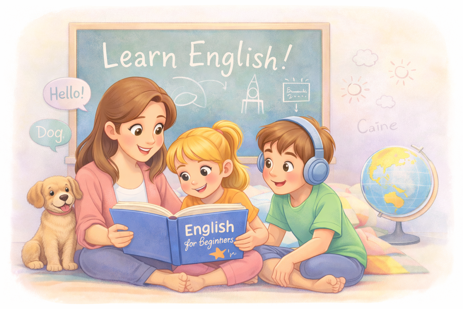 Mama și copiii citesc pentru lecțiile de engleză